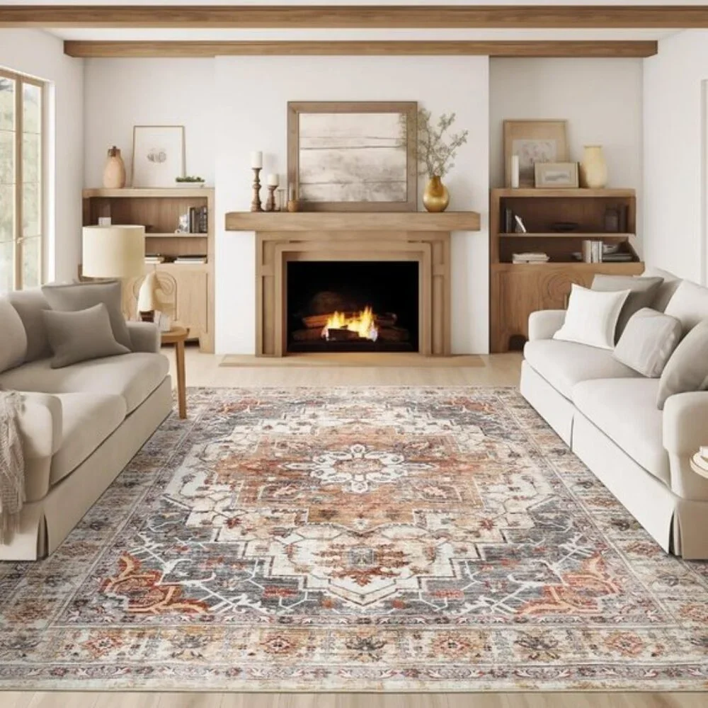 New 8x10 Washable Area Rug, Soft Vintage Non-Slip Carpet in Turmeric & Grey